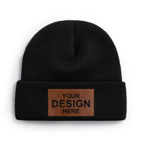 TOPTIE Custom Tan Rectangle Leather Patch Cuffed Beanie Knit Hat Cold Weather Knitted Skull Hats for Men Women