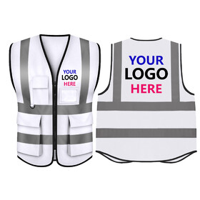 TOPTIE Custom Add Your Logo White Safety Vest with 5 Pockets and High Visibility 2" Reflective Strips