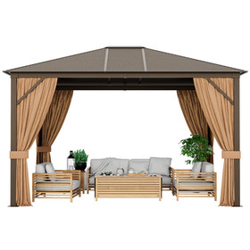Costway 85273409 12 x10 Feet Outdoor Hardtop Gazebo with Galvanized Steel Top and Netting-Brown