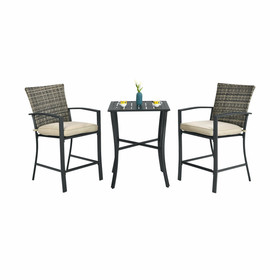 Costway 04823179 3 Pieces Patio Rattan Bar Furniture Set with Slat Table and 2 Cushioned Stools-Gray