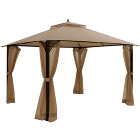 Costway 76238451 12 x 10 Feet Outdoor Double Top Patio Gazebo with Netting-Brown