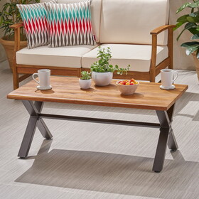 Outdoor Acacia Wood Coffee Table, Teak Finish / Rustic Metal,Black and Brown, 18" H x 27.25" W x 43.25" L
