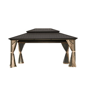 10' x 14' Hardtop Gazebo, Aluminum Metal Gazebo with Galvanized Steel Double Roof Canopy, Curtain and Netting, Permanent Gazebo Pavilion for Party, Wedding, Outdoor Dining, Brown W1859S00052