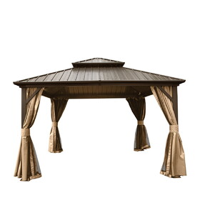 12' x 12' Hardtop Gazebo, Aluminum Metal Gazebo with Galvanized Steel Double Roof Canopy, Curtain and Netting, Permanent Gazebo Pavilion for Party, Wedding, Outdoor Dining, Brown W1859S00054